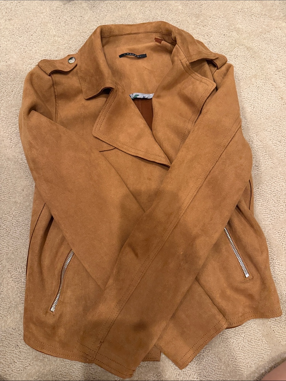 Tahari Suede-Style Moto Jacket in Tan